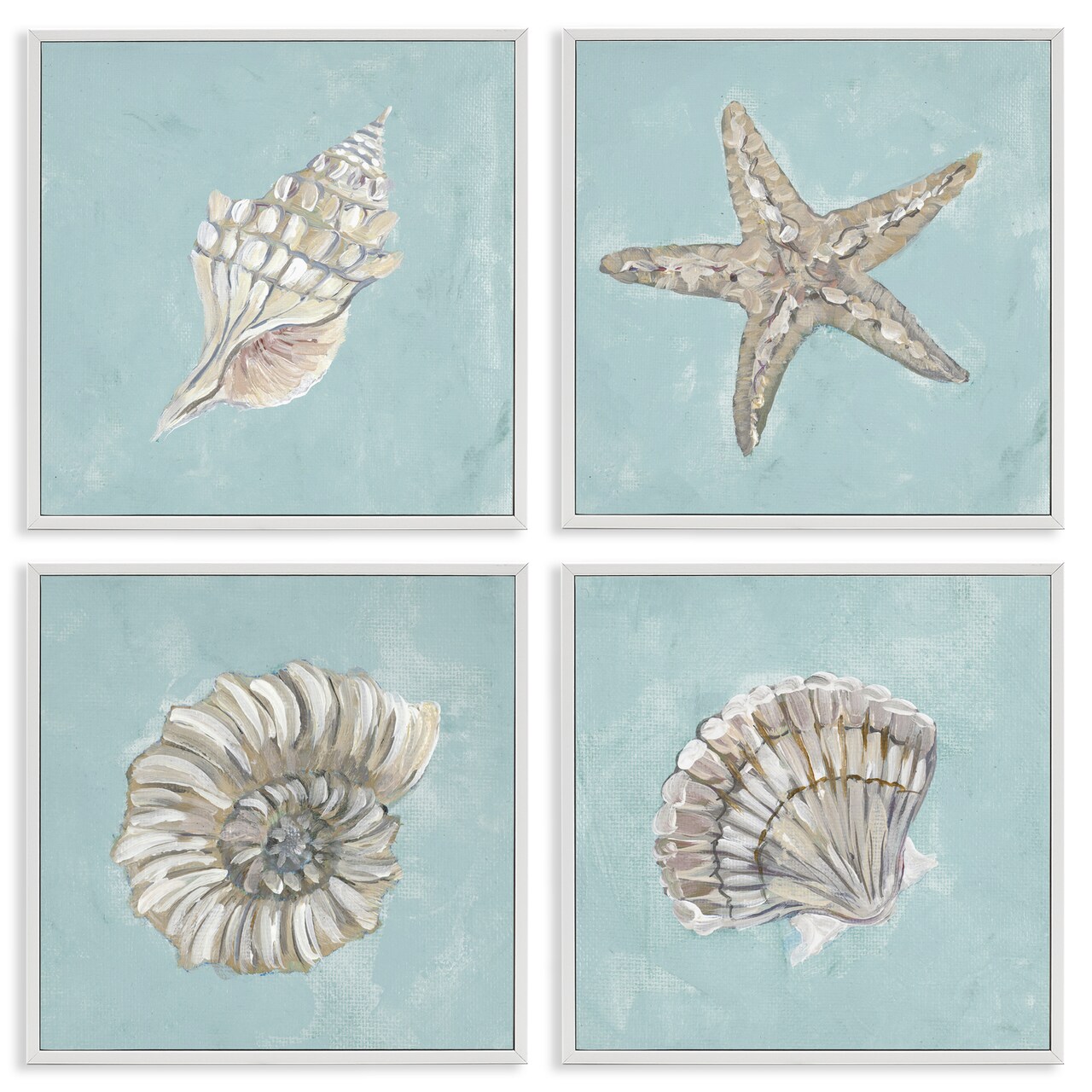 Stupell Industries Beige & Blue Sea Life 4 pc Framed Giclee Wall Art Set Design by Julie Derice